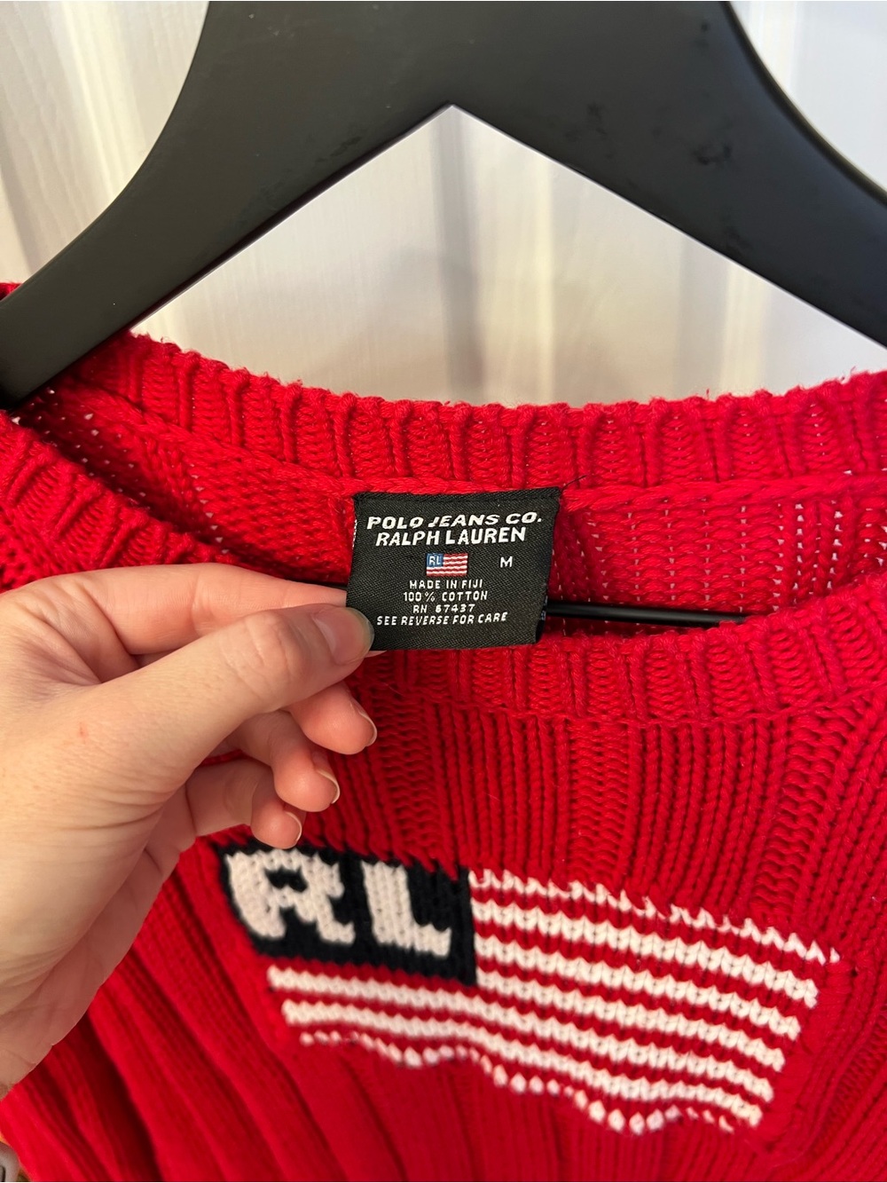 Vintage 90’s Ralph Lauren Red Ribbed Crewneck Sweater with Flag Patch - Picture 4 of 7